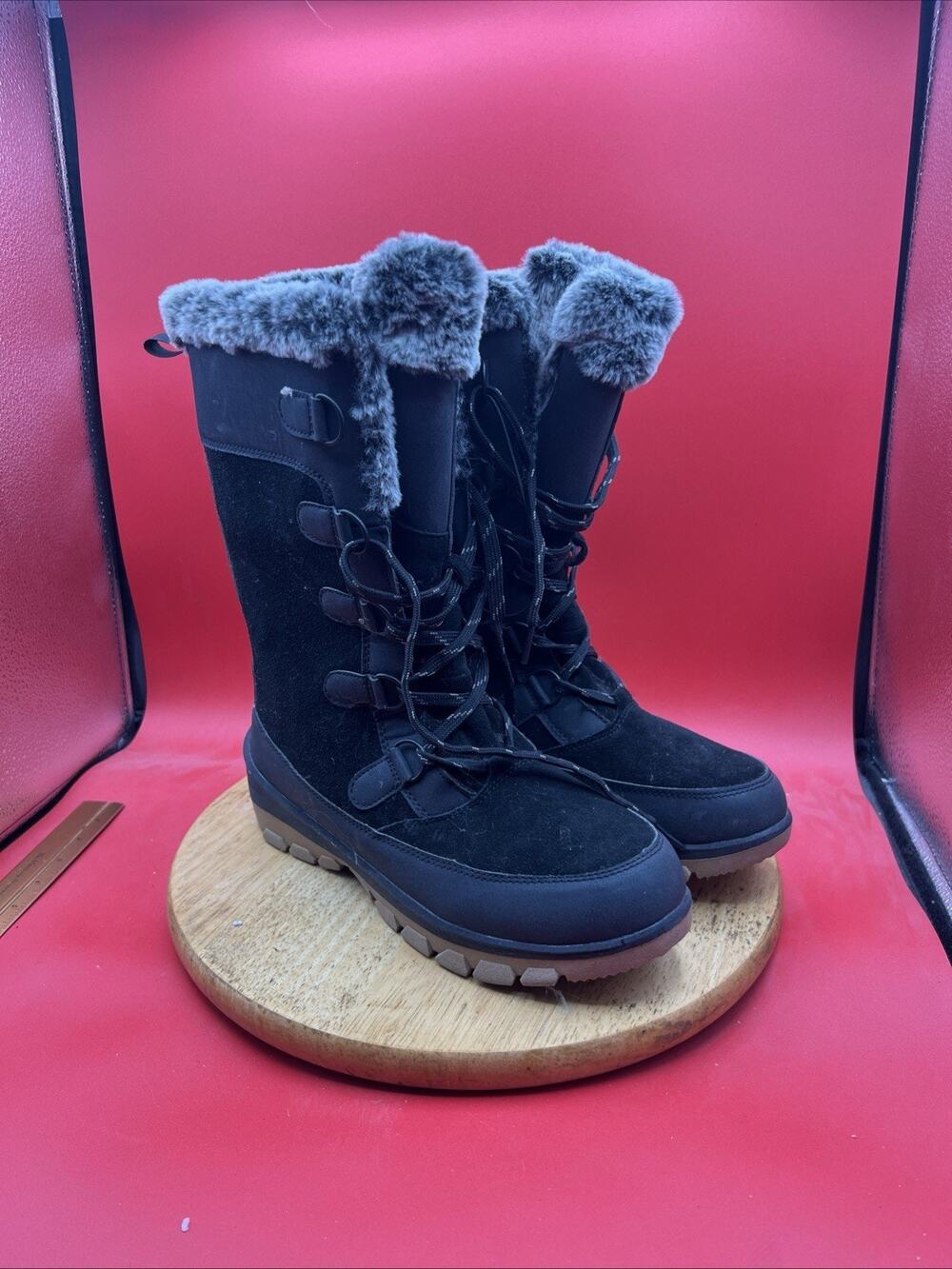 All In Motion Boots Womens 9 Cecily Shearling Lace Up Winter Snow Black Suede